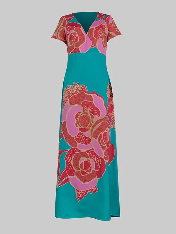 Floral Printed Party Dress | Sophisticated High-Waist A-Line Gown | Elegant "V-Neck" Silhouette | "Dignified" Floor-Length Summer Fashion for Radiant Versatile Party & Social Styling