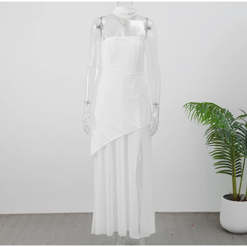 Elegant White Mesh Splicing Slim Women Strapless Dress Chic Scarf Neck Off Shoulder High Waist Long Dresses Lady Party Robes