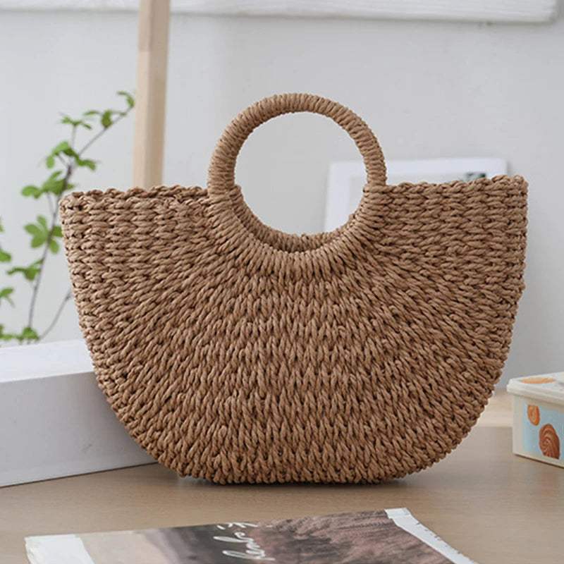 Handmade Moon Straw Beach Bag | Hard Woven Bohemian Tote Luxegan