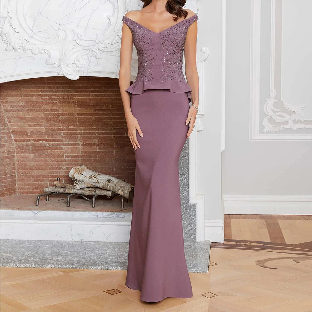Crystal Draped Mermaid Evening Gown | Off-Shoulder Sleeveless Floor-Length Prom Dress Luxegan