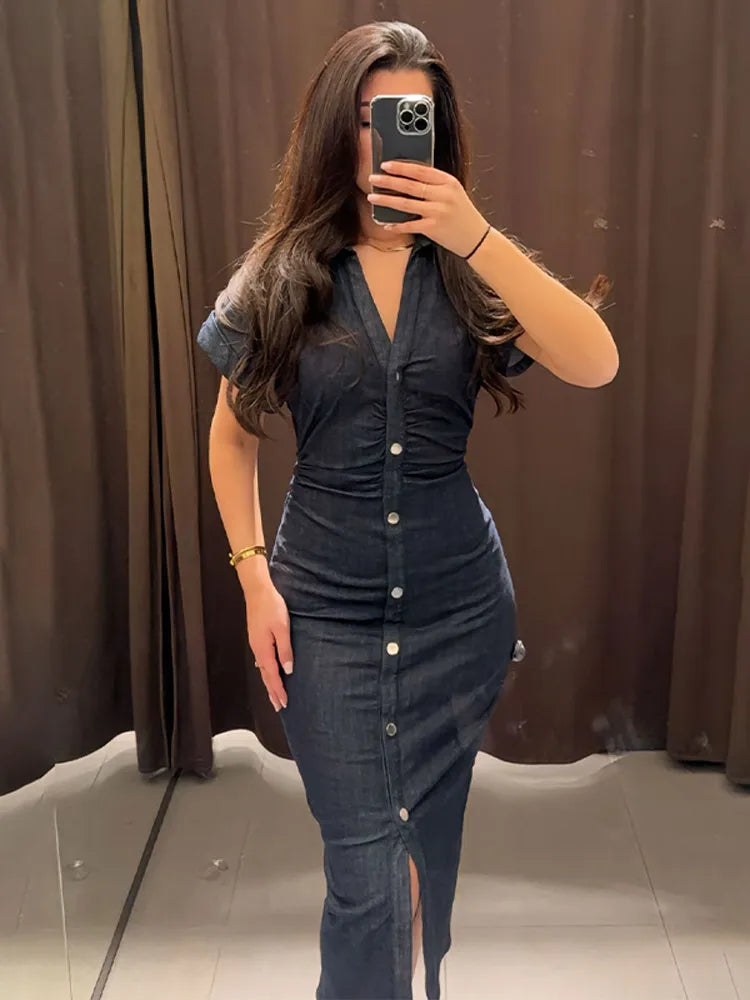 Solid Lapel Collar Short Sleeve Button Detail Slim Fit Sheath Ankle-Length Dress – Natural Waist, Summer Luxegan
