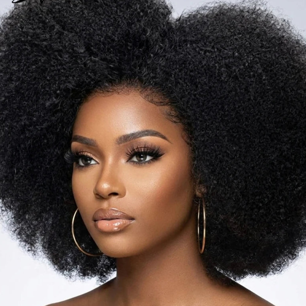 Afro Kinky Curly 13x2 T-Part Lace Front Wig | 200% Density Brazilian Human Hair Blend Wig | Short Transparent Swiss Lace Frontal Kinky Curly Wig for Black Women Luxegan