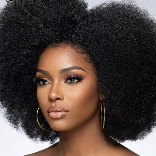 Afro Kinky Curly 13x2 T-Part Lace Front Wig | 200% Density Brazilian Human Hair Blend Wig | Short Transparent Swiss Lace Frontal Kinky Curly Wig for Black Women Luxegan