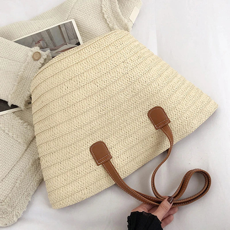 Summer Large Capacity Straw Bag | Sophisticated Knitted Bohemia Top-Handle Bag | Elegant Travel Tote & Armpit Bag | Luxury "Dignified" Woven Straw Handbag with Secure Zipper Closure Luxegan