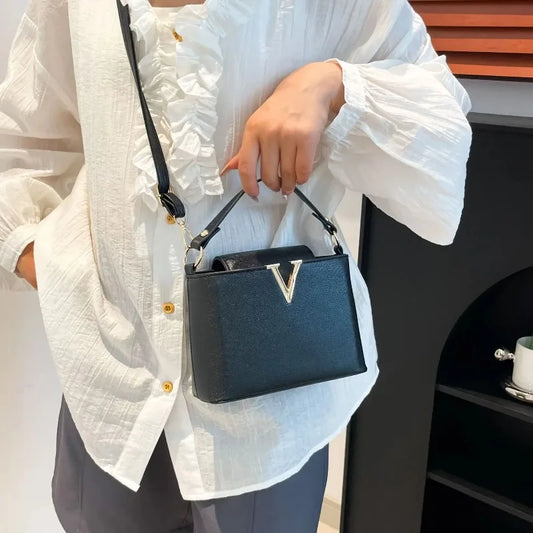 Luxury V-Shaped Women's Tote Bag | Chic PU Leather Bucket Handbag | Stylish Sequined Shoulder & Crossbody Bag | Fashionable Top Cover Purse with Interior Compartments Luxegan