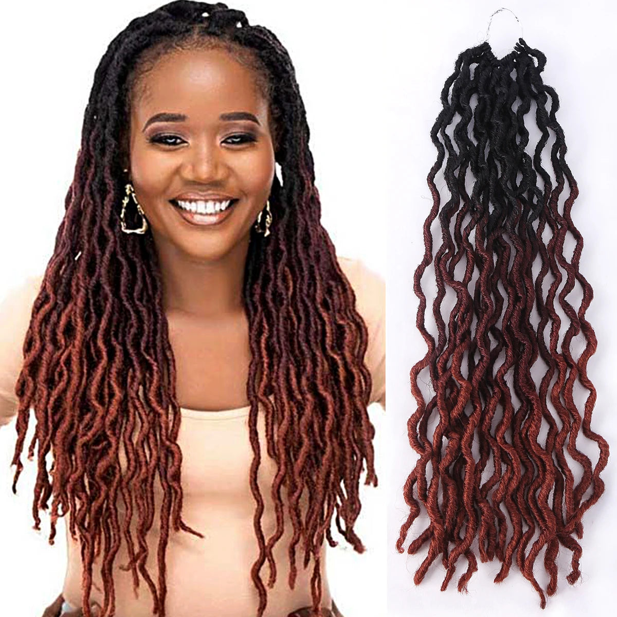 Goddess Faux Locs Crochet Hair | Soft Curly Ombre Dreadlock Extensions (Synthetic Braiding) Luxegan
