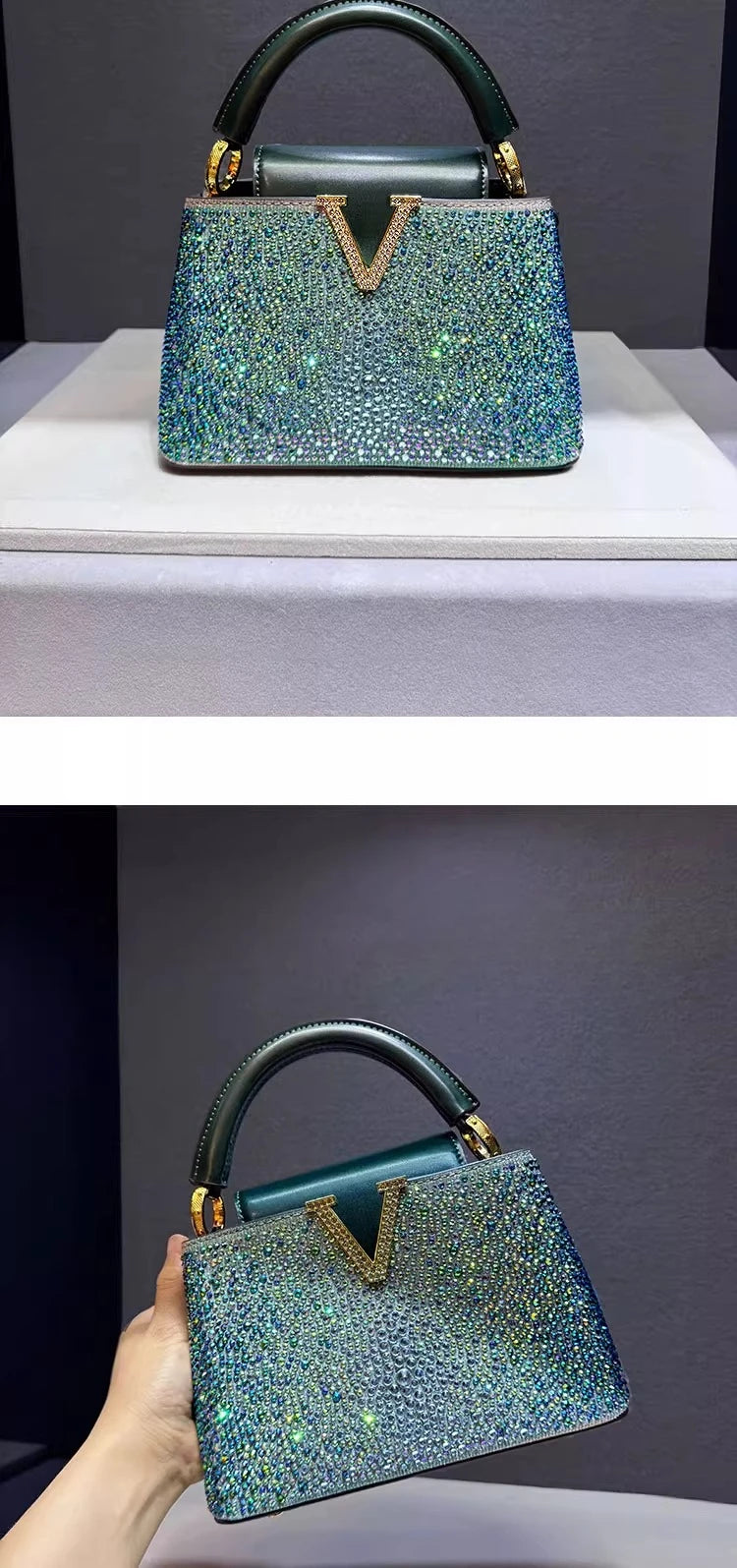 Luxury Brand Leather Diamond Handbag | High-End Rhinestone Shoulder & Crossbody Bag | Elegant Evening Tote with Interior Zipper Pocket Luxegan