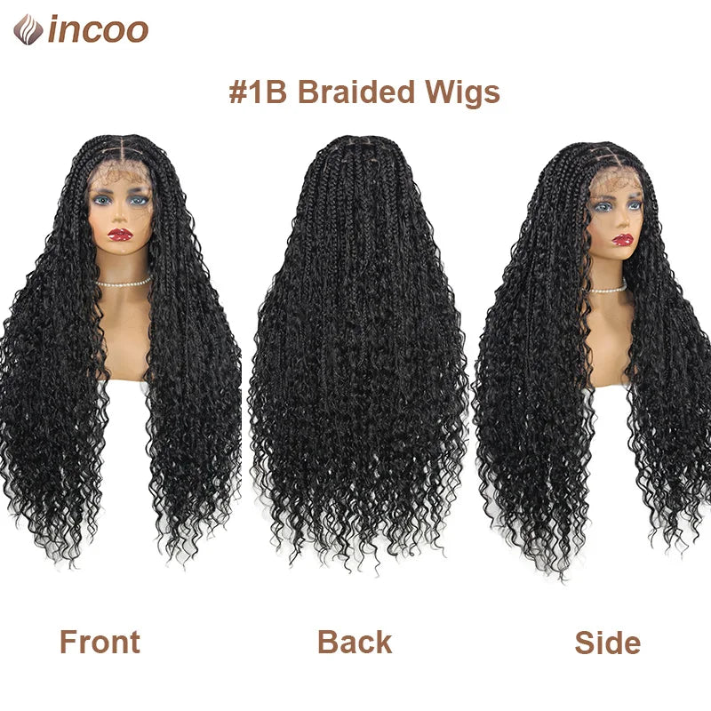 Long 32 Boho Braided Full Lace Front Wigs Synthetic Blonde Curly Goddess Locs Cornrows Wigs Pre Plucked Baby Hair Box Braids Wig Luxegan