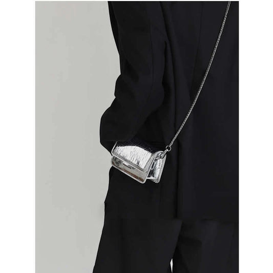 Summer Patent Leather Chain Mini Handbag | Women's Silver PU Crossbody Bag | HARD Fashion Square Buckle Lipstick Purse Luxegan