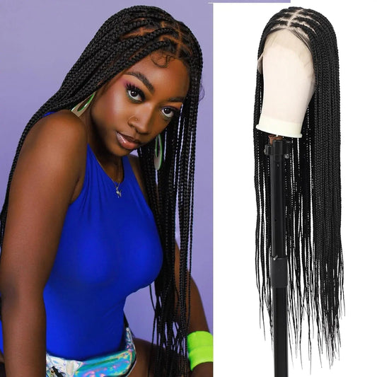 Synthetic 36" Full Lace Knotless Box Braided Wigs for Black Women Twisted Braids Lace Frontal Black Cornrow Wig with Baby Hair Luxegan