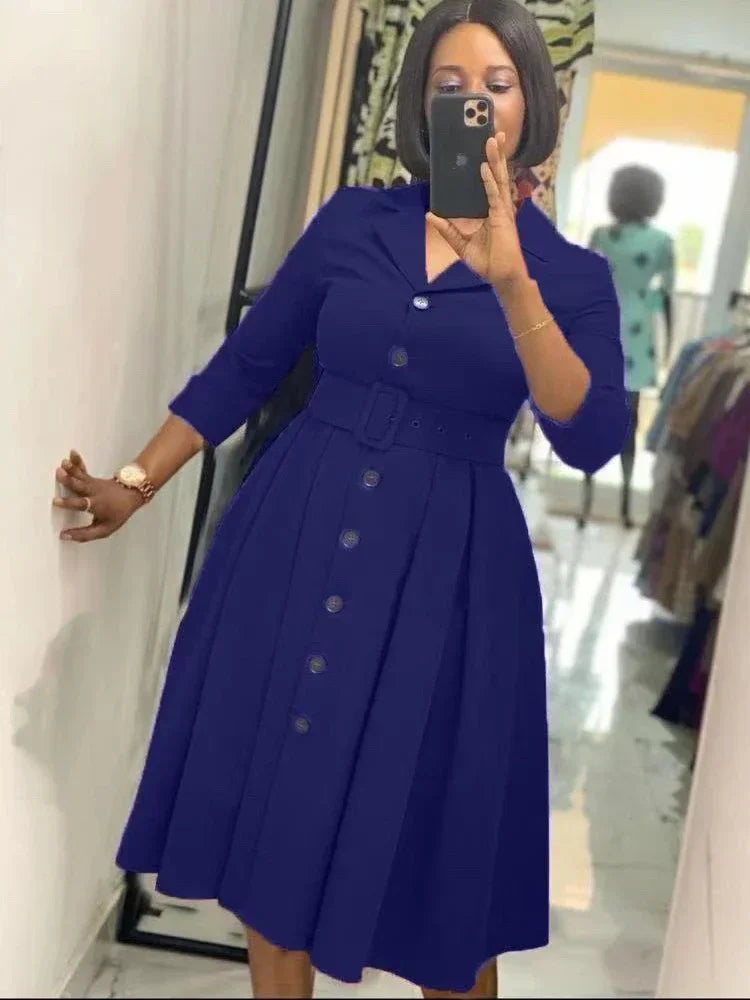Solid Notched Lapel Long Sleeve Belted Slim Fit Fit-and-Flare Knit Mid-Calf Dress – Empire Waist, All Season Luxegan