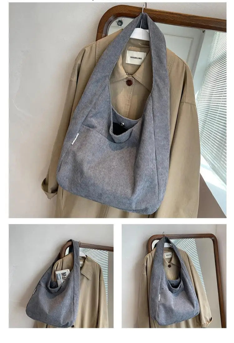 Canvas Corduroy Tote Bag | Simple Casual Large Capacity & Solid Shopper Bag Luxegan