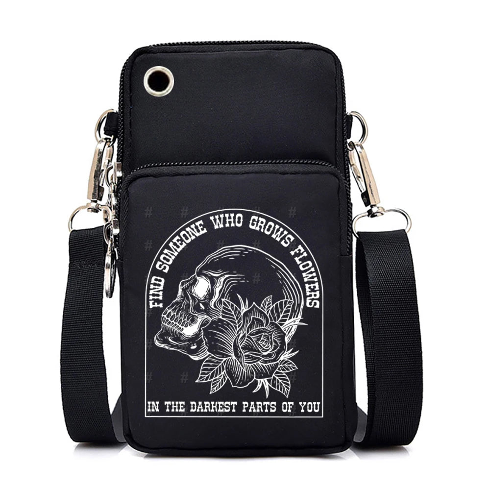 "Dead Inside But Love Cats" Shoulder Bag | Sophisticated Funny Vintage Skeleton Purse | Elegant Cartoon-Print Mobile Phone Bag | "Dignified" Soft Nylon Mini-Handbag for Versatile Casual Styling Luxegan