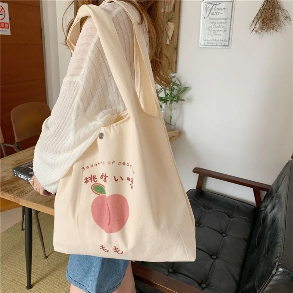 Aesthetic Strawberry & Peach Tote Bag | School & Shopper Handbag Luxegan