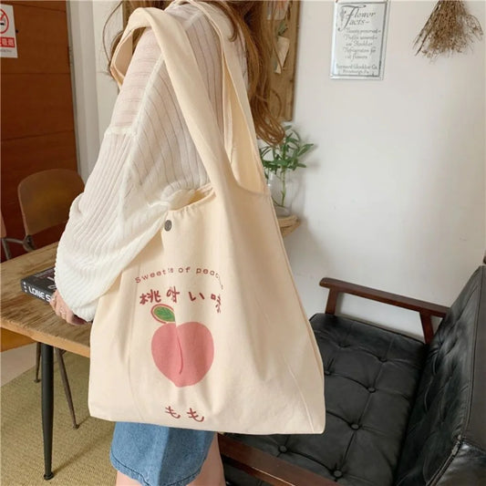 Aesthetic Strawberry & Peach Tote Bag | School & Shopper Handbag Luxegan