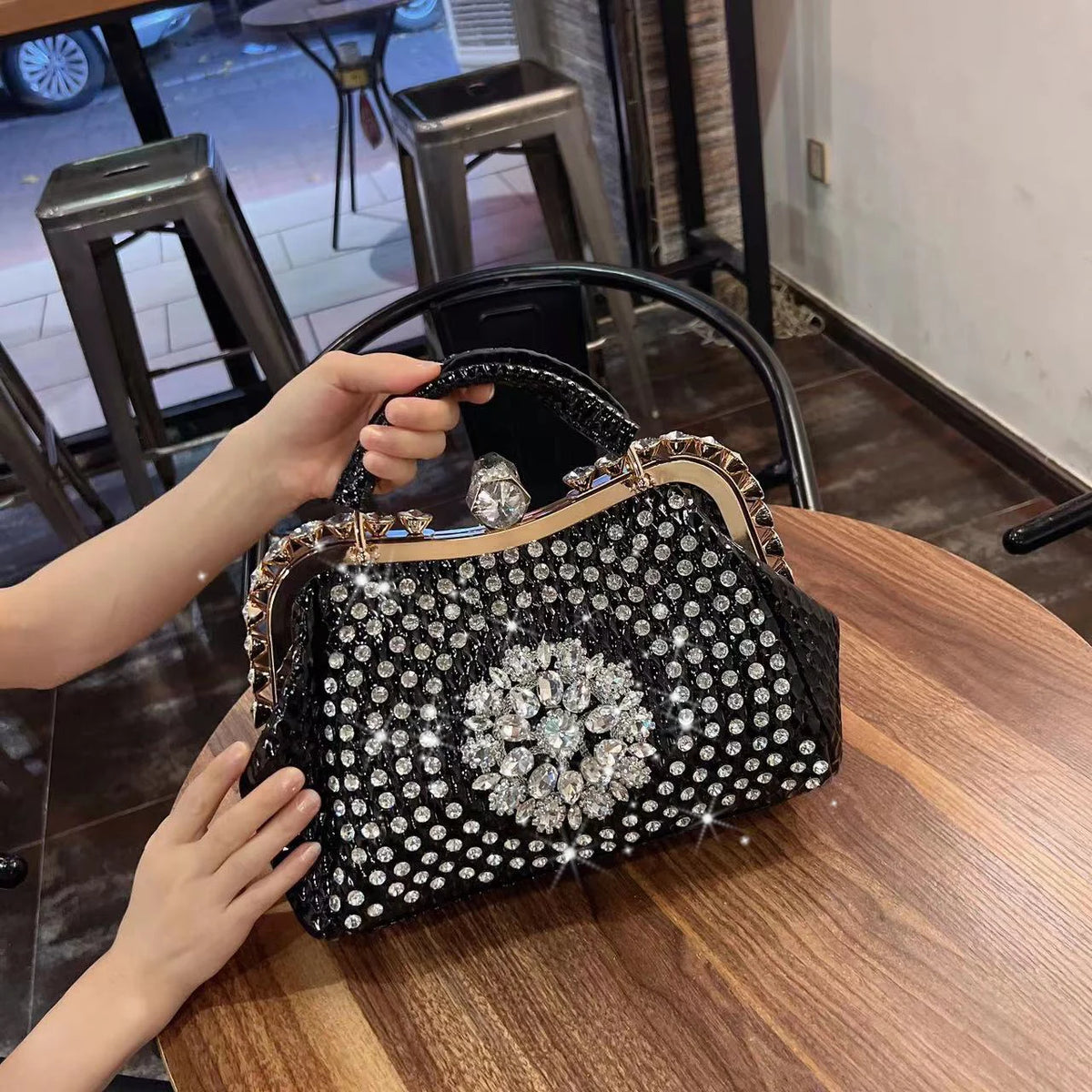 New Luxury Diamond Rhinestone Handbag | Premium Genuine Leather Dumpling Bag | Large Portable Tote with Glittering Clip | Designer Rhinestone Shoulder & Messenger Bag for Women Luxegan
