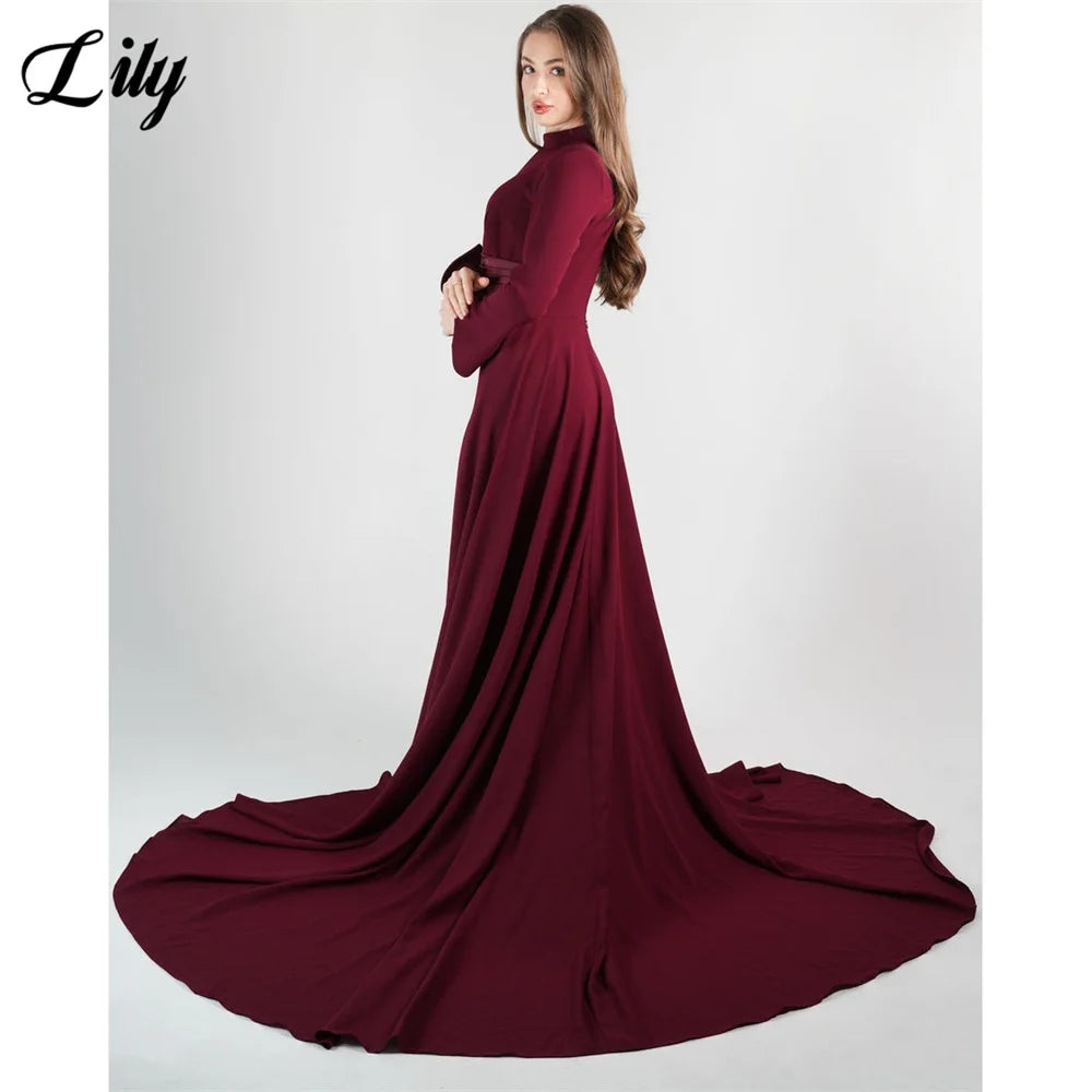 Lily Burgundy Elegant Prom Dresses High-Neck Long Sleeves Mermaid Evening Dresses Satin Muslim Formal Gowns Dubai  Customized