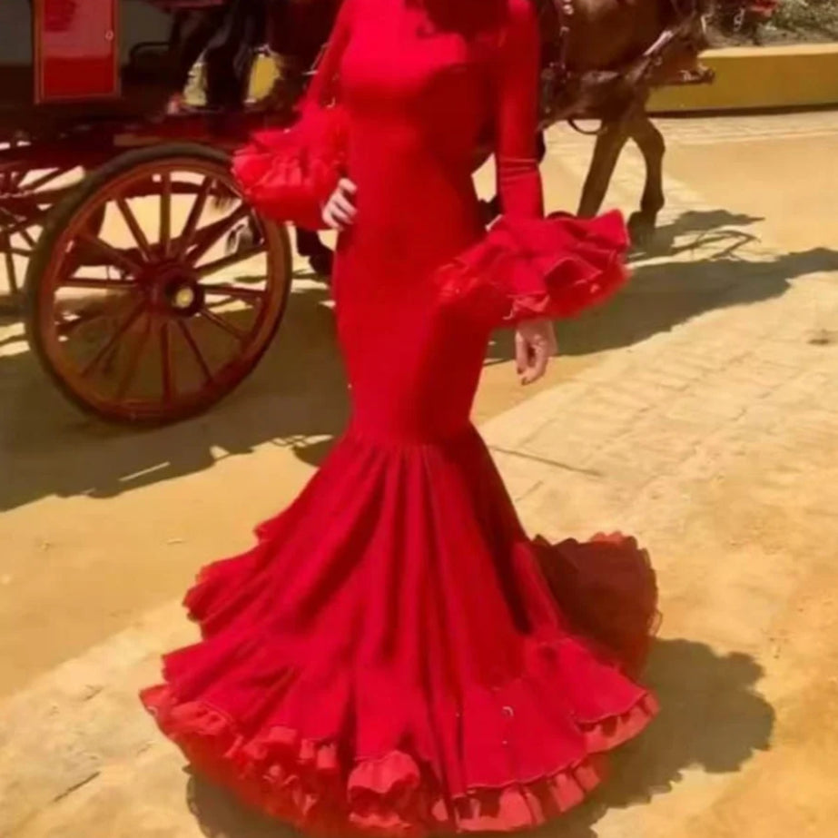 Stunning Vibrantly Red Mermaid Prom Dress | Elegant Boat-Neck Ruffled-Sleeve Evening Gown | Backless Floor-Length Satin Formal Dress with Sweep Train Luxegan