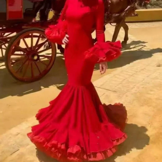 Stunning Vibrantly Red Mermaid Prom Dress | Elegant Boat-Neck Ruffled-Sleeve Evening Gown | Backless Floor-Length Satin Formal Dress with Sweep Train Luxegan