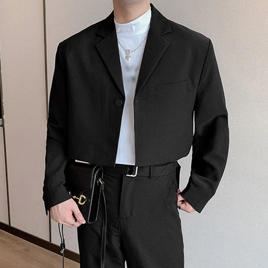 Men's Solid Color Lapel Crop Blazer | Sophisticated "Streetwear" Short Silhouette | Elegant One-Button Autumn Suit | "Dignified" Full Sleeve Fashion Coat for Radiant Versatile Styling Luxegan