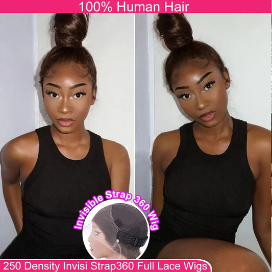 Invisi-Strap 360 Full Lace Wig | Sophisticated "Chocolate Brown" Straight Silhouette | Elegant 250% Density HD Lace Frontal | "Dignified" Honey Blonde Brazilian Human Hair Wig for Radiant Versatile Styling Luxegan