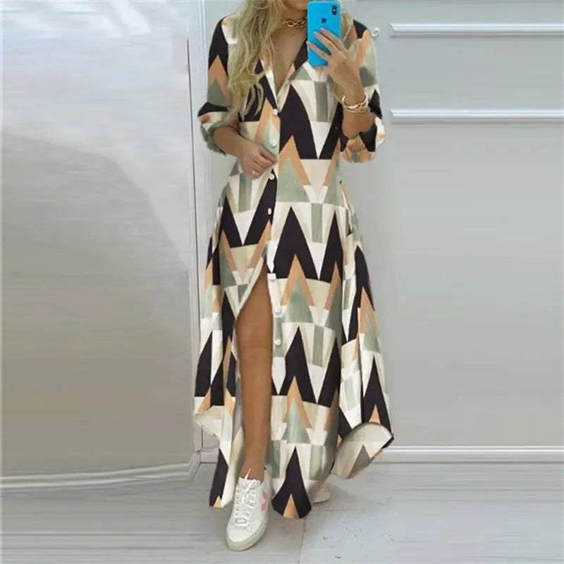 Women's Elegant Bohemian Printed Maxi Shirt Dress | Casual Turn-Down Collar Long Sleeve Gown | Single-Breasted Split Shirt Dress | Loose Fit Ankle-Length Fall Winter Vestido Luxegan