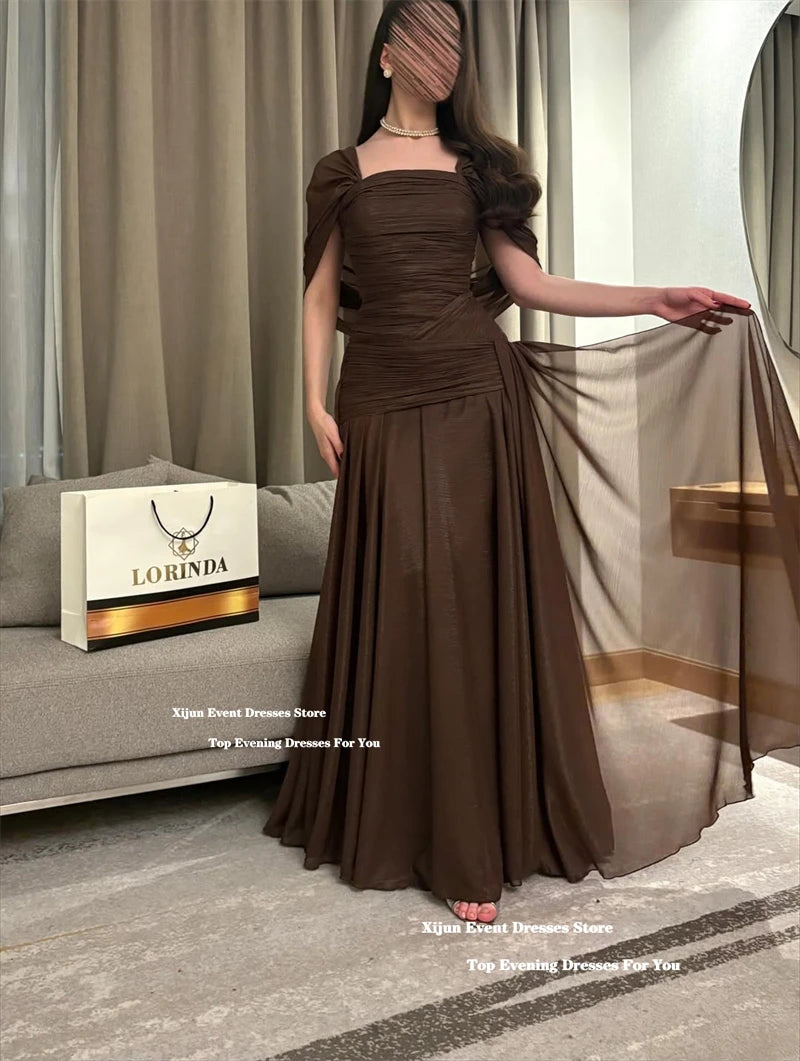 Xijun Elegant Brown Chiffon Evening Dresses Off The Shoulder A-Line Formal Prom Dresses Pleated Saudi Arabia Prom Gown Customize