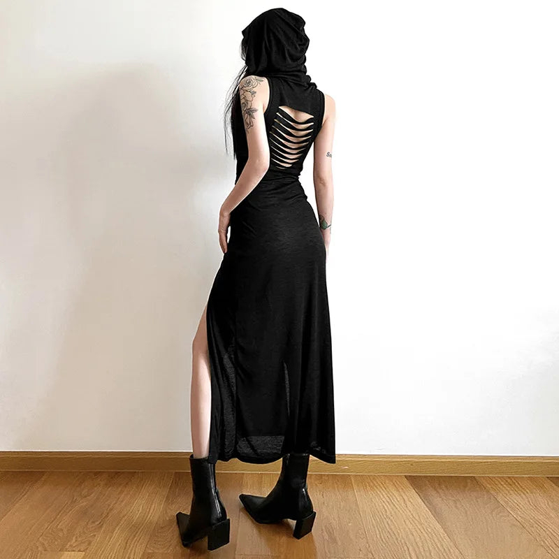 Women's Sexy European & American Style Sleeveless Hooded Dress | Hollow-Out High-Split Ankle-Length Gown | High Stretch Slim Fit Solid Color Streetwear Vestido | Summer Sheath Dress Model W068DS Luxegan