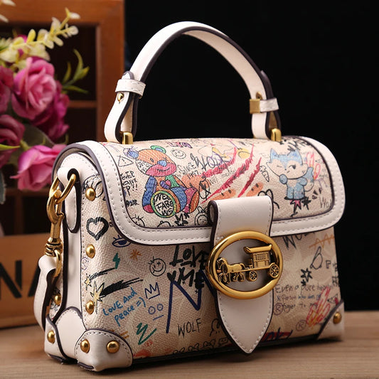 Brand Premium Graffiti Box Small Square Bag | Designer Autumn & Winter Satchel Handbag | Fashionable PVC Single Shoulder Crossbody Bag | Trendy Women’s Streetwear Purse (Model 8099) Luxegan