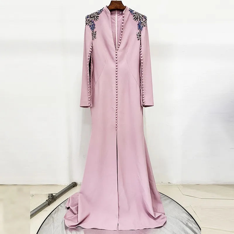 Diamond Beaded Split Maxi Dress | V-Neck Full Sleeve High Street Gown Luxegan