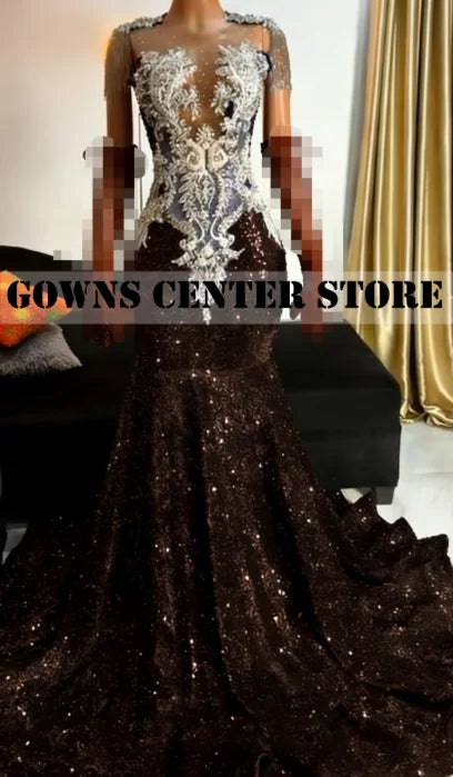 Royal Blue Luxury Crystal Beaded Mermaid Prom Dress | Exquisite Tassel Evening Gown with Matching Gloves | Sleeveless O-Neck Velour Formal Dress with Sweep Train Luxegan