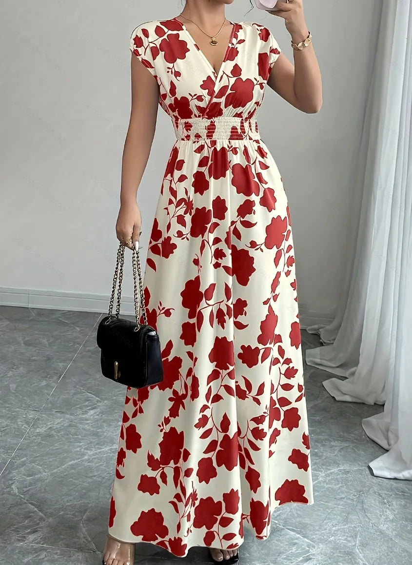 Print Casual V-Neck Short Sleeve Regular Fit Loose Knee-Length Dress – Polyester and Cotton, Natural Waist, Spring/Summer Luxegan