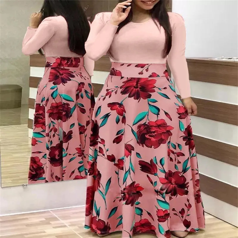 Print Round Neck Regular Fit Straight Ankle-Length Dress – Short & Long Sleeve Options, Spring/Summer
