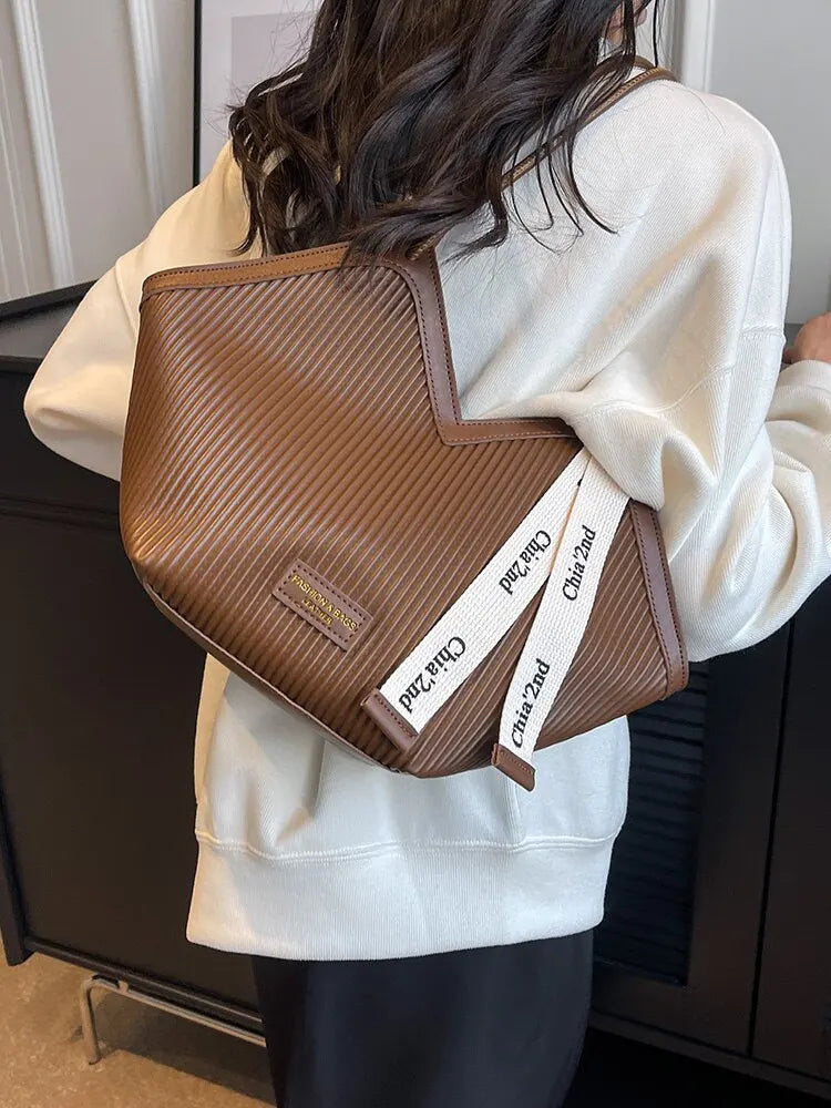 New Design Fashion Women's PU Leather Shoulder Bag | Solid Color HARD Tote Bag with Ribbon Decoration Luxegan