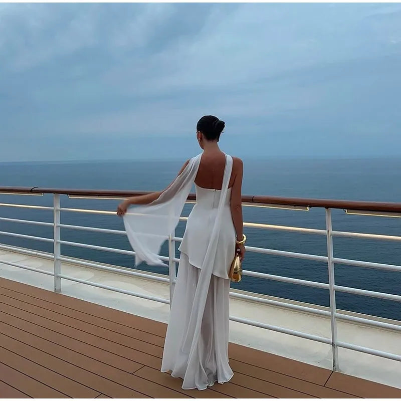 Elegant White Mesh Splicing Slim Women Strapless Dress Chic Scarf Neck Off Shoulder High Waist Long Dresses Lady Party Robes