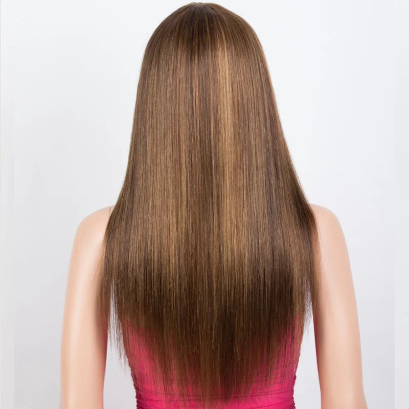 Blonde Highlight Straight Wig with Bangs | 180% Density Glueless Full Machine Made Brazilian Ombre Human Hair Luxegan