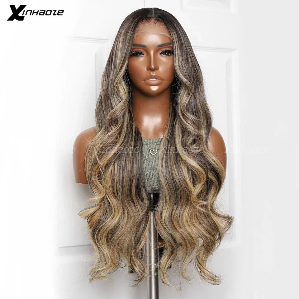 Peluca frontal de encaje 13x4 HD con reflejos, cabello humano, rubio miel, ondas corporales, pelucas frontales de encaje para mujer, sin pegamento, con parte superior de seda, prearrancada