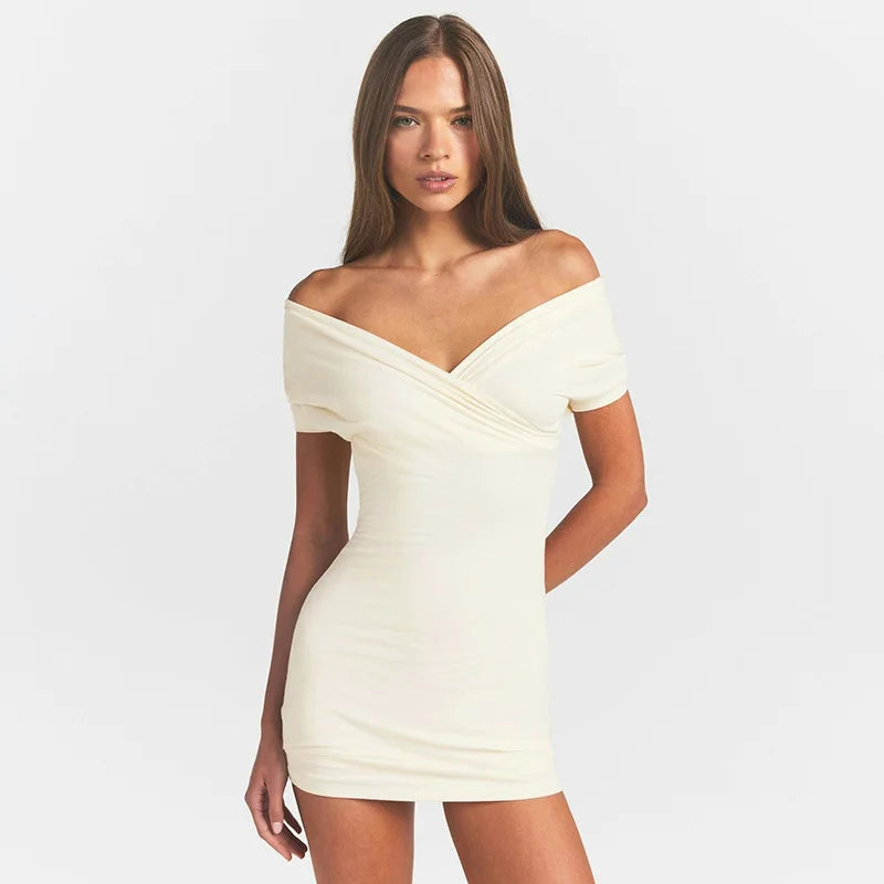 Solid V-Neck Short Sleeve Slim Sheath Mini Dress – Knit Polyester, Empire Waist, Summer Luxegan