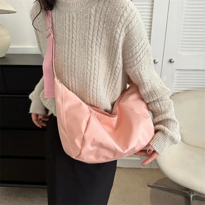 Fashion Large Capacity Hobo Bag | Casual Oxford Cloth & PU Leather Women's Half Moon Crossbody Tote Luxegan