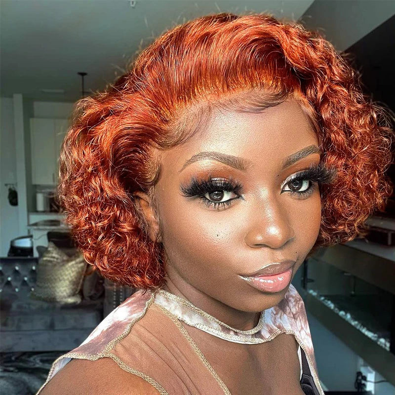 Vibrant Orange Pixie Cut Short Bob Wig - 13x4 Transparent Lace Frontal Human Hair Wig - French Curl Pre-Plucked Brazilian Remy Hair Wig for Women (6 Inch, Glueless) Luxegan
