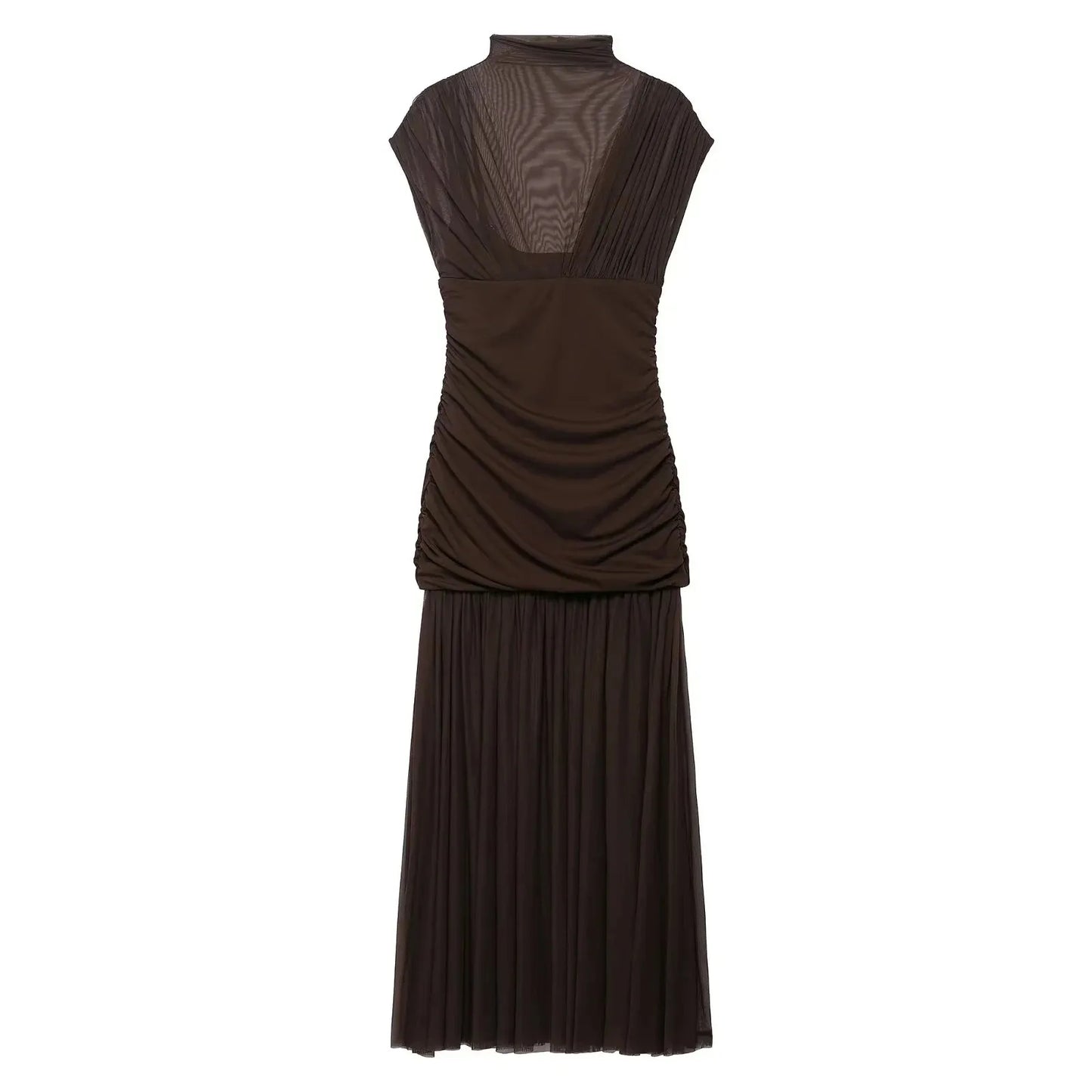 Women's Sexy Mesh Pleated Long Party Dress | Elegant Turtleneck Short Sleeve Evening Gown | Fashion Summer Slim Fit Ankle-Length Club Vestido | Solid Color High Collar Sheath Dress Model K0809260999 Luxegan