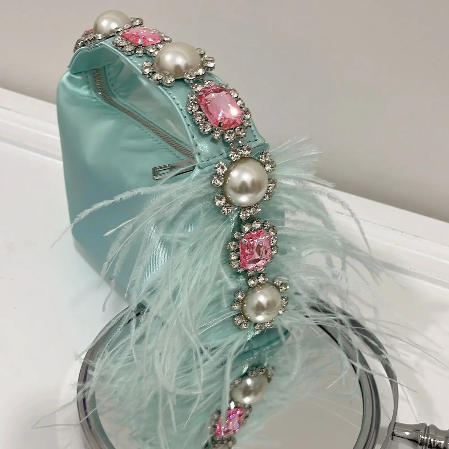 Luxury Feather & Pearl Evening Clutch | Designer Satin Wedding Purse with Diamond Decoration | Fashionable Sparkling Square Party Tote | Elegant White Satin Flap Handbag Luxegan