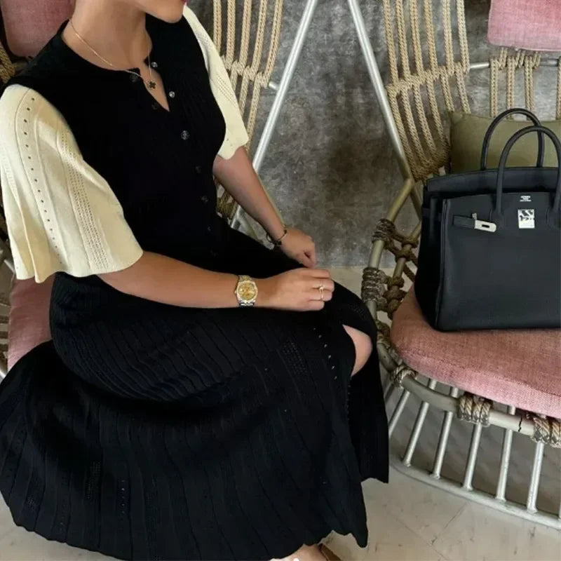 Elegant Knitted Ribbed Long Dress | Sophisticated Slim Wave O-Neck Silhouette | Elegant "Ankle-Length" Hip Package Gown | "Dignified" Single Breasted Hollow Out Design for Radiant Versatile Styling Luxegan