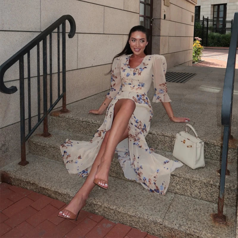 Organza Floral Printed Maxi Dress V-Neck  Puff Sleeve 2026 Spring/Summer Romantic Women Party Gown Fashion Elegant Lady Vestidos
