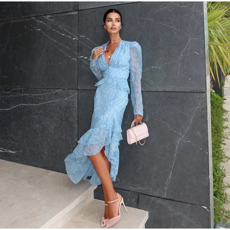 Flutter Sleeves Slim Long Dress Women Casual Pleated Deep V-neck Floral Print High Waist Dresses 2026 Lady Summer Holiday Wear
