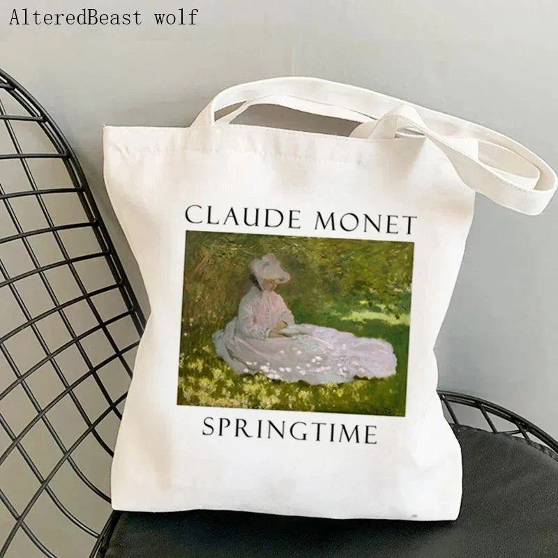 Monet Water Lilies Canvas Shoulder Bag | Sophisticated Kawaii Harajuku Shopping Tote | Elegant Art-Inspired Shopper Handbag | "Dignified" Durable Square Purse for Versatile Daily Styling Luxegan