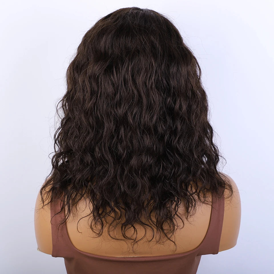 Glueless Short Curly Bob Wig with Fringe Bangs | Honey Brown Mixed Blonde Highlight Water Wave Wig | 100% Brazilian Remy Human Hair Side-Part Pre-Plucked Fluffy Curly Wig for Women Luxegan