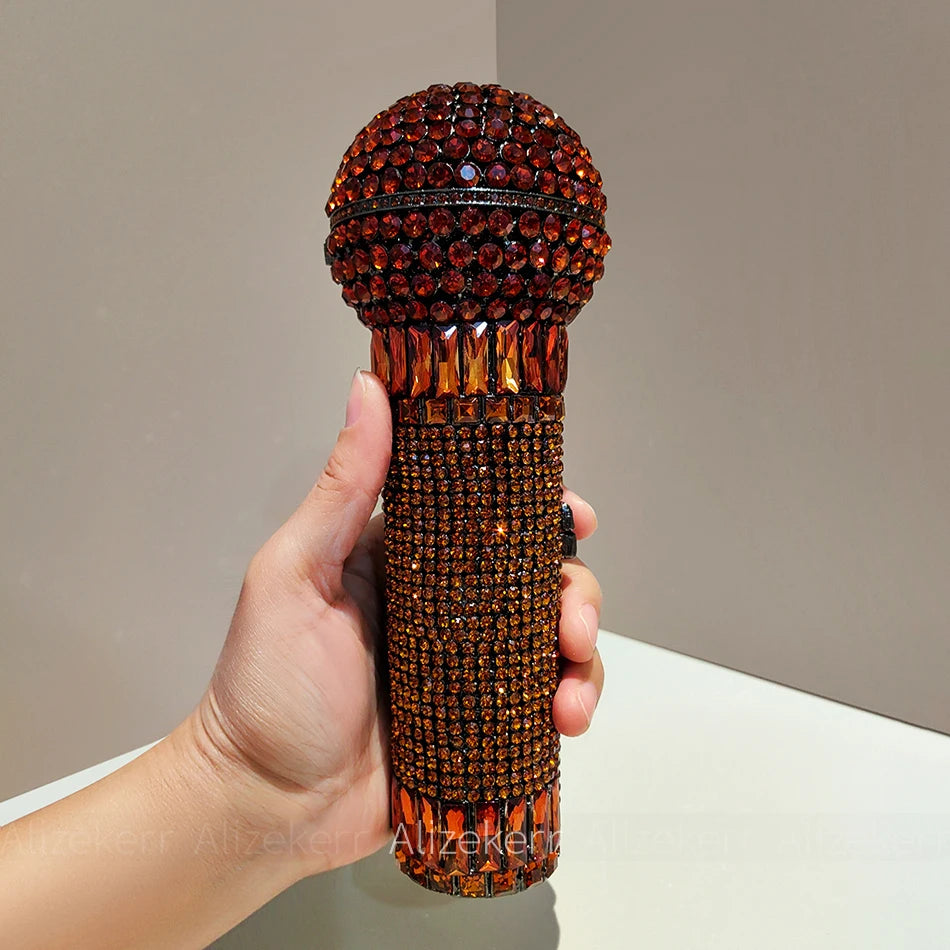 Gorgeous Microphone-Shaped Evening Bag | Unique Diamond-Encrusted Metal Clutch | Luxury Rhinestone Handbag for Parties, Weddings, & Red Carpet Events Luxegan