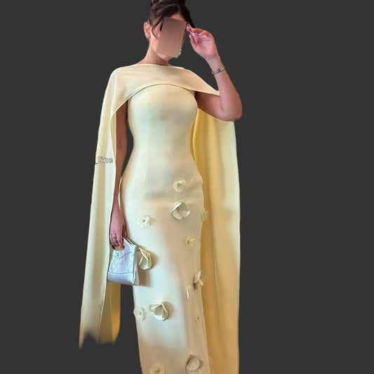 3D Flower Mermaid Evening Gown with Shawl | Bespoke Satin Formal Dress Dubai Style Luxegan