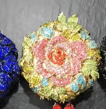 Luxury Diamond Crystal Rose Flower Clutch | Floral Metallic Evening Purse for Weddings & Brides | Sparkling Party Minaudière in Gold, Silver, & AB Diamonds Luxegan